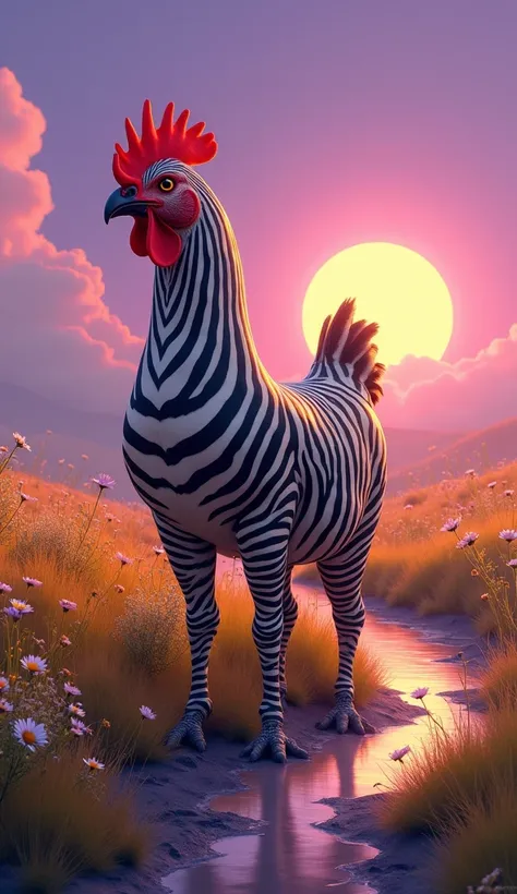 A majestic hybrid creature combining a hen and a zebra stands proudly in a surreal landscape. The creature has the body and feathers of a hen, but with the bold black-and-white stripes of a zebra adorning its plumage and legs. Its head features a vibrant r...