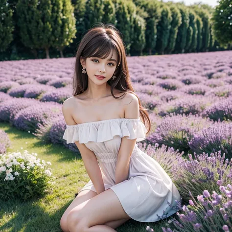 laughing out loud，(knee shot) ，In the lavender flower field, Elegant，Fresh， Off Shoulder Dress, Elegant，1 female,   light brown hair , Short bangs,  hair behind the ears , 肩 long hair,  long hair, Slim body, 超Thin face型, Thin face, Delicate lips,  sexy fac...