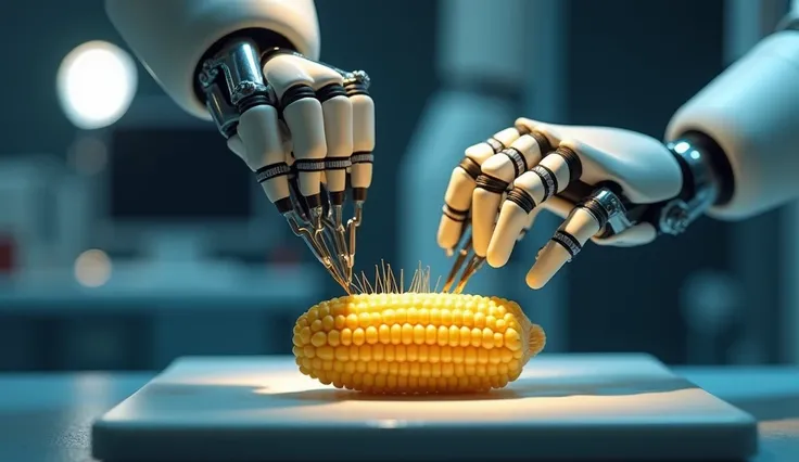 "Create a hyper-realistic 4K video of a microsurgery assistance robot performing intricate stitching on a single corn kernel. The scene is illuminated with precise, soft lighting to highlight the robots advanced mechanisms and the delicate texture of the c...