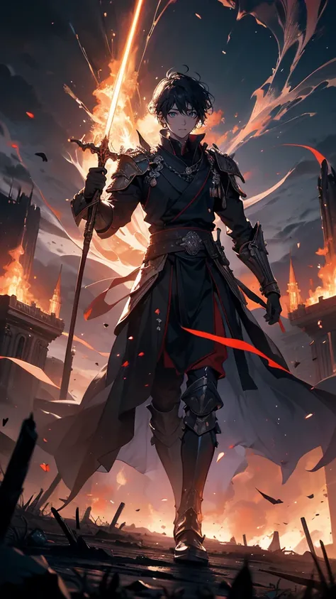 “A large battlefield where the forces of the revolution confront the noble army. Kaien leads his comrades forward, wielding a glowing alchemical weapon, while behind him, magical explosions light up the sky. The nobles’ soldiers, clad in ornate armor, summ...