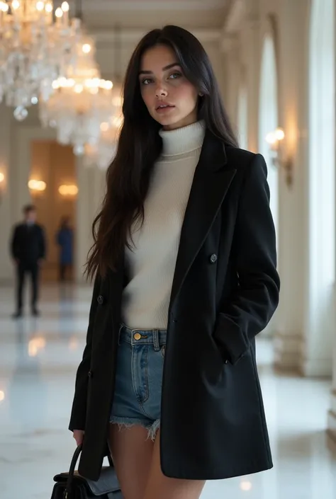  create a full photo of a woman with long straight black hair , freckles,  full lips , fossette,  pronounced cheekbones and intense eyes . She must be in a large white gala room with crystal chandeliers .  she must be dressed in an elegant black coat ,  un...