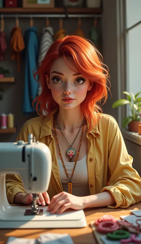 A white redhead woman sitting next to a sewing machine, with a tape measure hanging around his neck in the shape of a funko