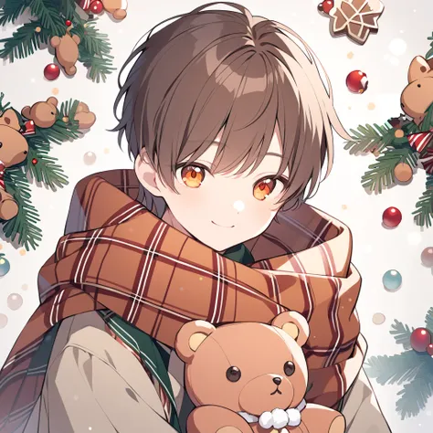   handsome, Alone, juvenile，Short Hair， brown hair, teddy bear，Checked scarf，teddy bear， Christmas，smile，Orange Eyes