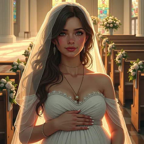 "A poignant scene inside a beautifully decorated church, set up for a wedding. A visibly pregnant young American woman in a flowing white wedding dress stands near the altar, cradling her belly. Her face is filled with sadness, and tears stream down her ch...