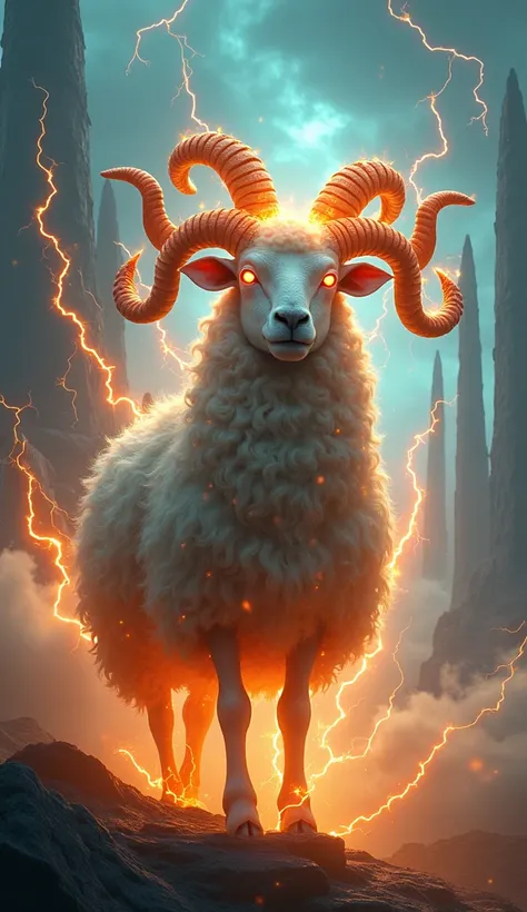 Sheep, has seven horns, seven eyes, flame thunders, fantasy setting, 8k, uhd, masterpiece, detailed