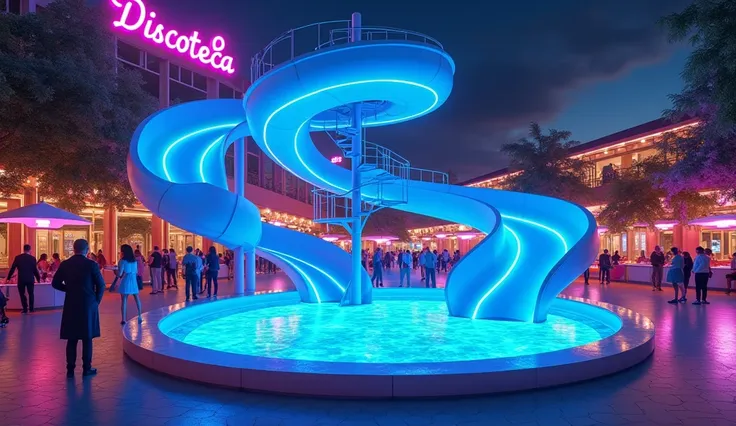  Outdoor discotheque with swimming pool and a three-spiral blue slide with its ladder to climb.  Behind the slide there is a roller skating rink .  Above the slide there is a luminous sign that says Discoteca Edén . There are people having drinks and its n...