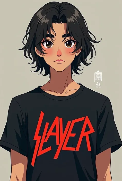 An asian teenager with shoulder length hair and little
of wavy hair and has a small moustache and beard
is wearing a band t-shirt that called Slayer