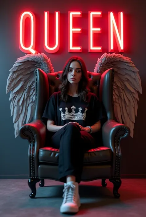 create 3D illusion for a profile picture where a 20 years old girl in a black shirt printed “👑”sitting like ganster on a wing chair wearing sneaking he look ahead the background features “Queen " in big and capital Black and red  neon light fonts on the da...