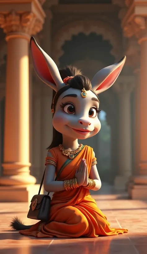 Close up a donkey sitting on the ground and pray to god in the temple   3d animation, wear attractive clothes neck round blouse and saree bag,good figure,