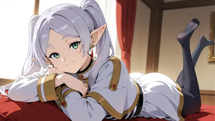(masterpiece), best quality, absurdres, very aesthetic, nice hands, 1 girl,zzFrieren, long hair, smile, twintails, green eyes, grey hair, pointy ears, elf, zzFrieren, long hair, twintails, green eyes, grey hair, pointy ears, elf, shirt, long sleeves, jewe...