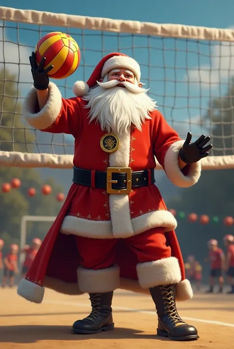 Crea un immagine realistica di babbo natale vestito da misericordia di Bronte che gioca a pallavolo, il campo e la palla devono avere lo stemma ciclope Bronte.