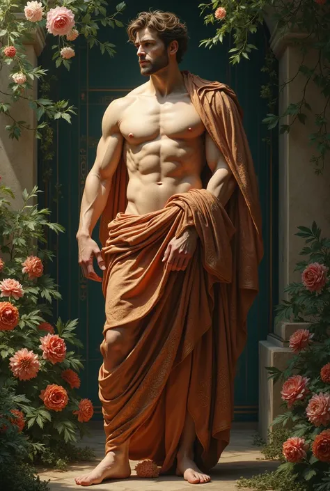 Renaissance, Greek mythology, naked man in a robe, in a garden, muscles defined,