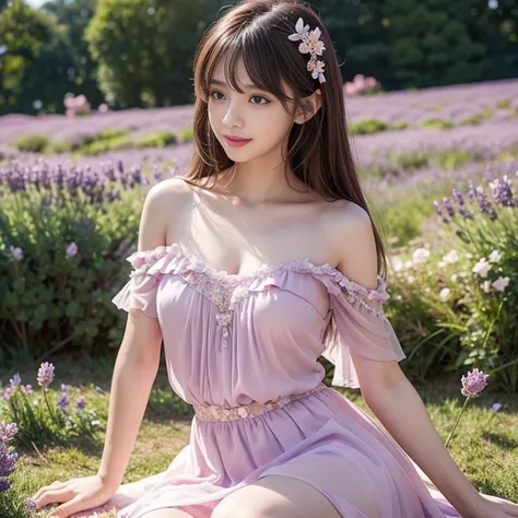 laughing out loud，(knee shot) ，In the lavender flower field，穿着pink color纱裙连衣裙，Chiffon Dress ， Fluffy skirts , tutu， Elegant，Fresh， Off Shoulder Dress， pink dress，Elegant，1 female,   light brown hair , Short bangs,  hair behind the ears , 肩 long hair,  long...