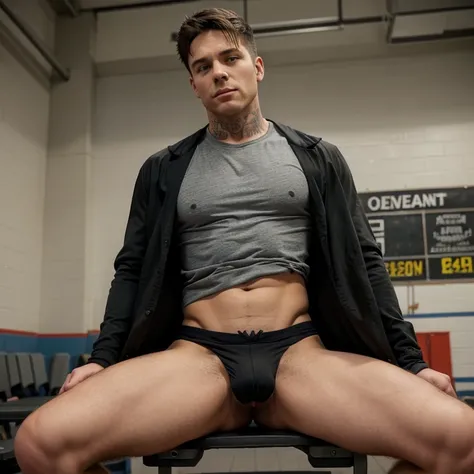 Jason Dean From Heathers the Musical, Wearing a very long jacket thats untill his feet and color black, wearing a grey T-shirt behind the jacket, and not wearing any pants, Underwear, briefs and no boxers, has a large dick thats hard,hes jerking his dick t...