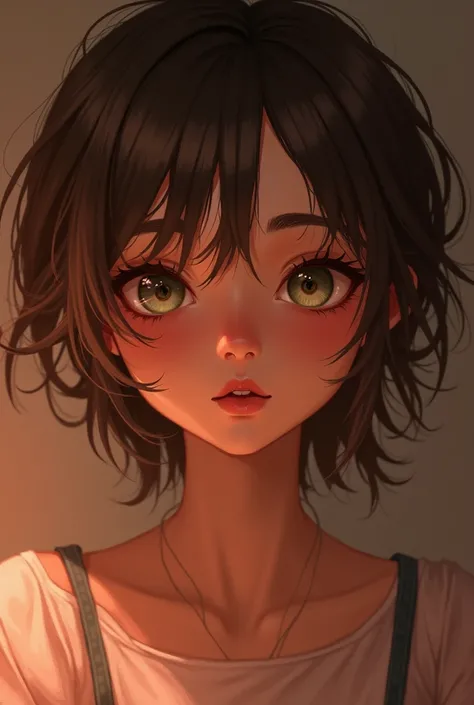 A girl, beautiful eyes,  thin with short and messy hair with two blonde locks in the front and the rest brown hair,  this in an aesthetic style , Animated in a reddish brown tone