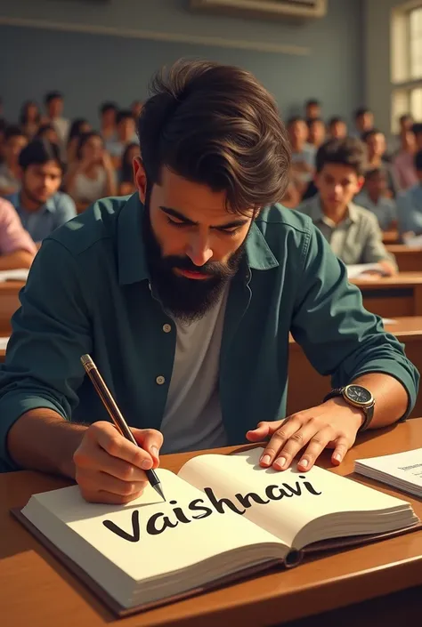 A Beard man writing a name repeatly in him text book at lecture hall. That name is "Vaishnavi"
Please mention the name big but young man