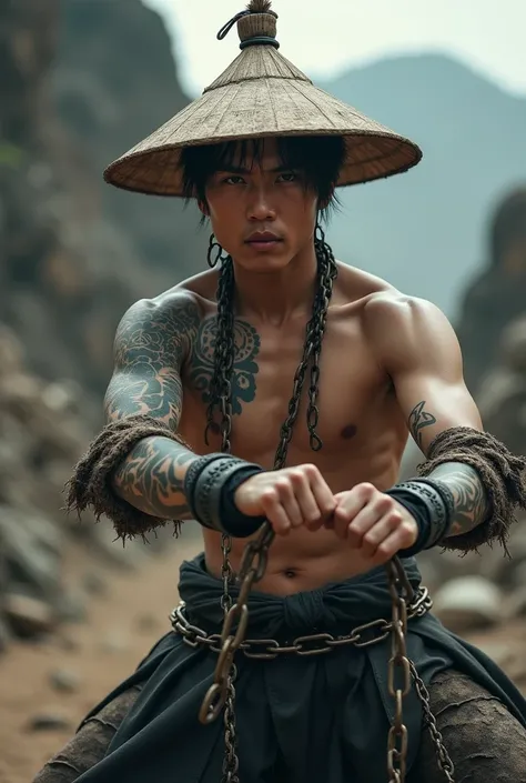 Create an image of an Asian young man wearing a minimalist, tattered hanfu with exposed areas, showcasing his battle-worn and resilient appearance. His arms are fully covered in intricate tattoos, symbolizing his warrior spirit and past struggles. He is we...