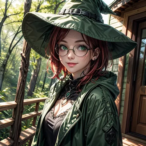 Short,  red hair ,  green eyes ,  metal-framed glasses, green witch hat , green coat, a broom,  smiling girl sweeps on the porch of a house in the woods.