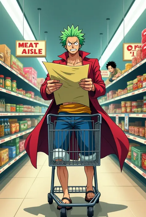 "Illustration of Roronoa Zoro pushing a shopping cart in a modern supermarket, holding a map upside down, looking confused. The aisle signs are labeled humorously, like Meat Aisle or Lost Items. In the background, Sanji is pointing angrily at the correct d...