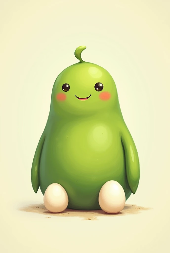 a sitting pea, wearing eggs on feet