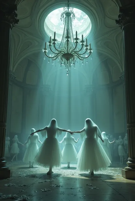 The Silent Party: A grand, decaying ballroom with ghostly figures frozen mid-dance under a shattered chandelier.
