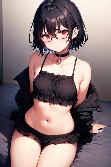  black hair、Short Hair、Red Eye、Glasses、 short、 flat chest、 1 girl ,  high definition , masterpiece, accurate,  anatomically correct, 最 High Quality ,  High Quality ,  very detailed,  blush,  crying,  cry with your eyes open,  rough breathing,  hollow eyes,...