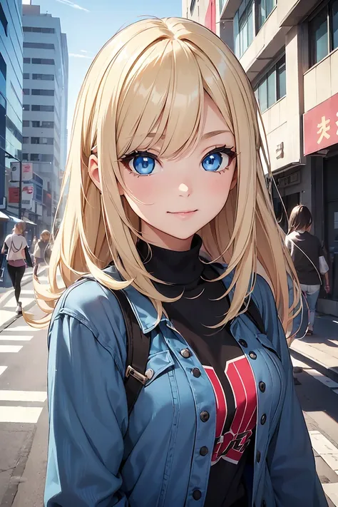 (( 1 girl)),  latest trends in clothing ,  bright smile,  double peace sign,  street fashion, high school girl,(commute) ,(( very detailed, top quality,  high definition , 8k wallpaper, Beautiful clothes,)),(Blonde,  shortcuts, boyish,Bouncy Hair, (( Asymm...