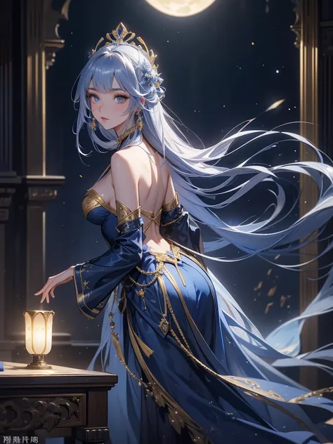  perfect composition on the board。 angle from the back that fits well on the desk。 Portrait of a queen looking at the moon from the castle balcony。Long silver hair。 Luxurious chandelier light illuminating the dim castle throne 。Elegant bangs。 Wearing blue ...