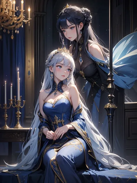  perfect composition on the board。 angle from the back that fits well on the desk。 Portrait of a queen looking at the moon from the castle balcony。Long silver hair。 Luxurious chandelier light illuminating the dim castle throne 。Elegant bangs。 Wearing blue ...