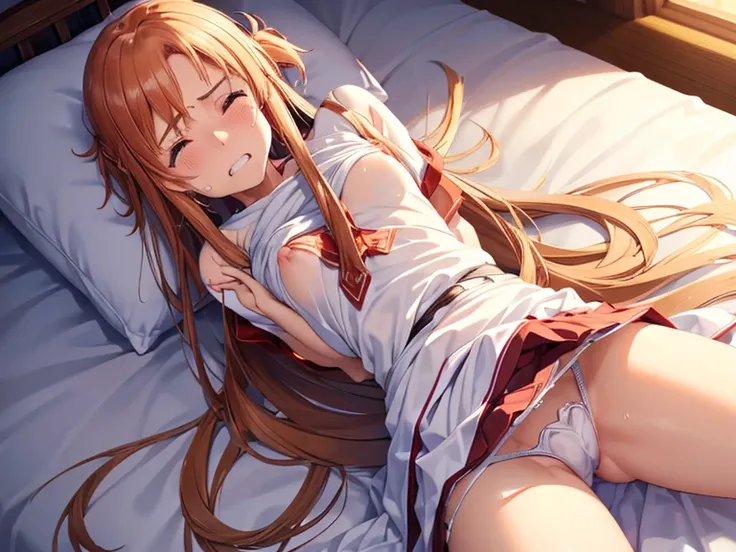 Master piece,best quality,nsfw,Yuuki Asuna Yujo Aomigana /  sword art online((clenched teeth tears,lying,shirt lift,skirt lift,panty lift,open leg,public hair,crotch grab spread pussy)),on bed