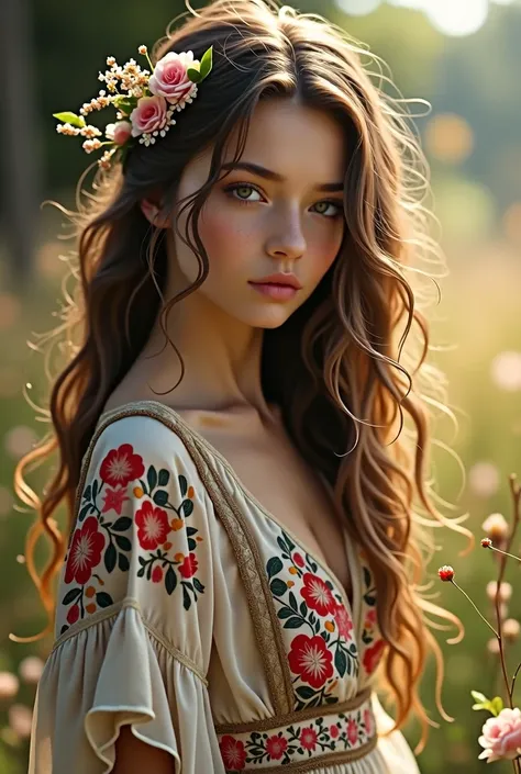  A beautiful girl with wavy long hair in a bohemian dress