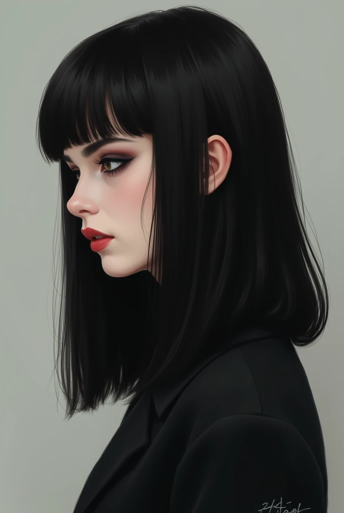 Dessine moi une jeune femme de profil avec un visage rond et une coiffure carré long aux cheveux noir. Shes wearing dark makeup .  She has thin, arched eyebrows .
 Makes her hair a bit longer with no bangs 