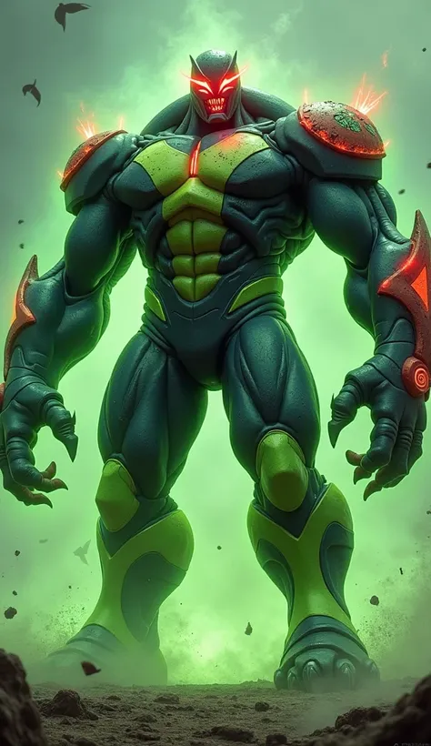 The image depicts a giant, enraged hybrid creature, a fusion of the disciplined power of Cyclops and the transformative energy of Ben 10. This monstrous being radiates strength and chaos, embodying the traits of both heroes in a terrifying yet awe-inspirin...