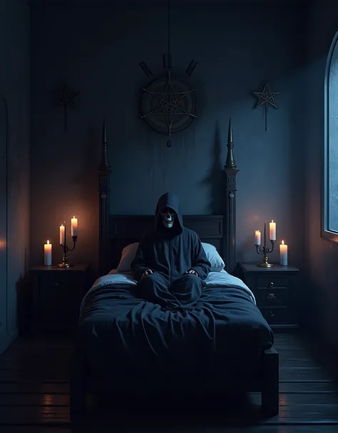 hooded man on bed , Lying with a skull face in a dark place with candles and symbol paints