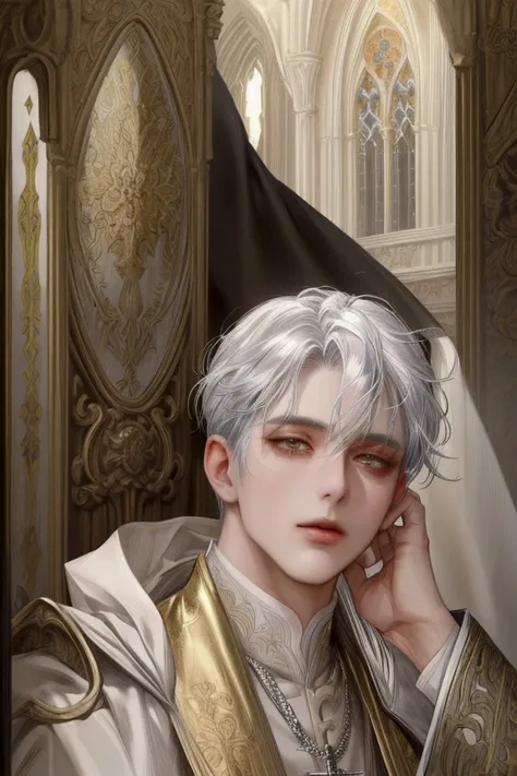 (masterpiece),( very detailed ) ,( Very detailed), ( beautiful face ), ( perfect face ), Silver hair, Golden eyes, elegant face, Board shoulder,  wearing pope clothes,  romance fantasy , 20s, male, Alone, Cathedral background
