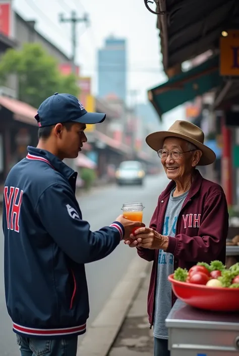  A 26-year-old Indonesian man wearing a navy blue hat and a maroon red jacket that read YH,  buy iced tea on the side of the highway at a 50 year old grandparent ice tea seller in a hat with a cart, in the middle of urban and market buildings , realistic 