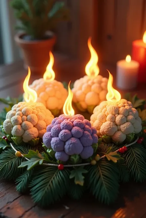 There is an Advent wreath. There are four cauliflowers on it. One of the four cauliflowers is purple. Each cauliflower has a flame.