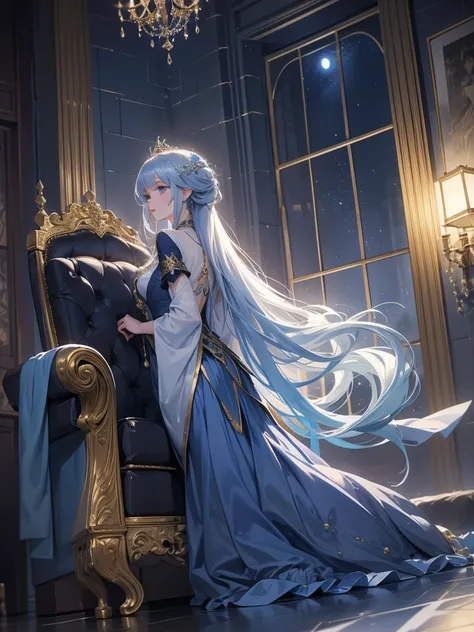  perfect composition on the board。 Angle from Below 。Portrait of the Queen receiving the Coronation。Long silver hair。 Luxurious chandelier light illuminating the dim castle throne 。Elegant bangs。 Wearing blue flowers and gold hair ornaments in her hair tie...