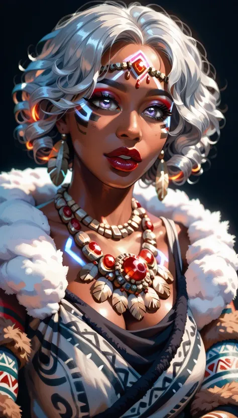 Solo, dark skinned woman, mature, big lips, curvy, busty, curly hair, shoulder length hair, glowing hair, Silver hair, Dark Makeup, Metallic Red lipstick, black scleras, ((Glowing Silver Eyes, eye focus)), Glowing Markings On Body, Tribal Red Gemstones Nec...