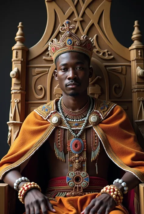 Ngungunhane, now a grown man, is being crowned in a ceremonial setting. He wears a regal outfit: a richly embroidered cape, a beaded crown, and elaborate beadwork. The throne is made of bones and wood, adorned with tribal carvings. The setting is filled wi...