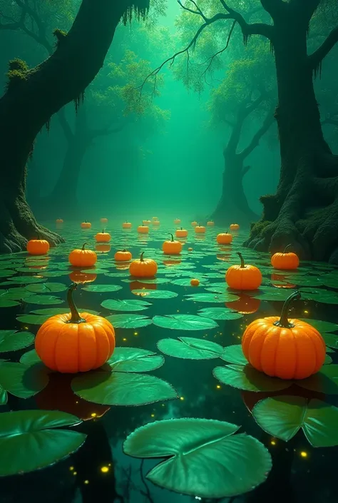 Swampy fluorescent green lake with pumpkins on water lilies 