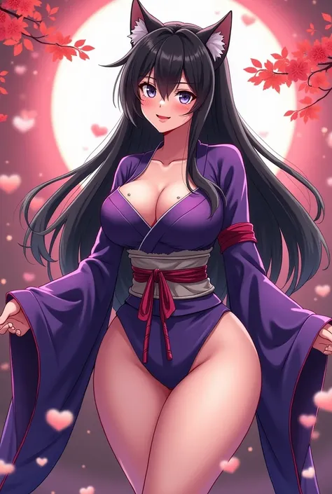 
 a woman with a big breast is dressed in a sexy purple kimono , seductive and daring ,  showing off her exuberant body with buttocks and plump and sexy thighs ,  revealing her beauty all over her body from head to toe an anime cartoon inspired by Okumura ...