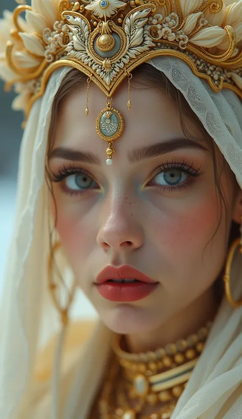  with soft, dreamy 8mm lenses 、 natural gold crowns and leaves 、 and Arabian Dev Brahmas portrait from space decorated with pasta,  ether dress .  soft snow sky .  uses 8K high image quality .  Greg Lutkowskis art style  ,   Android Jones   , Tamsin .  int...