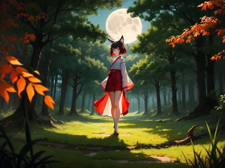 best quality, 8k, Raw photo, master piece, nature, 1girl, fox ears, thin body, miko, red skirt, broken shrine maiden clothes, see through, shy, moss, close up, volumetric lighting, at night, moon light, cinematic lighting, autumn, yellow leaves, in forest,...