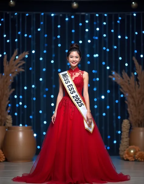  full body a beautiful young woman sweet smile from Asia hair bun wearing a long princess dress red color on the body wearing a long ribbon inscribed in bold text name" MISS ESS 2025 "black font standing , stage background black and blue micro lights ratta...