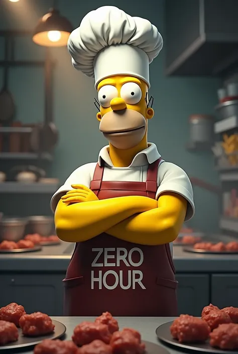  Homer Simpson in the white hat and chef of the kitchen with an apron written in the spotlight "ZERO HOUR "  with arms crossed holding a meat skewer posing 