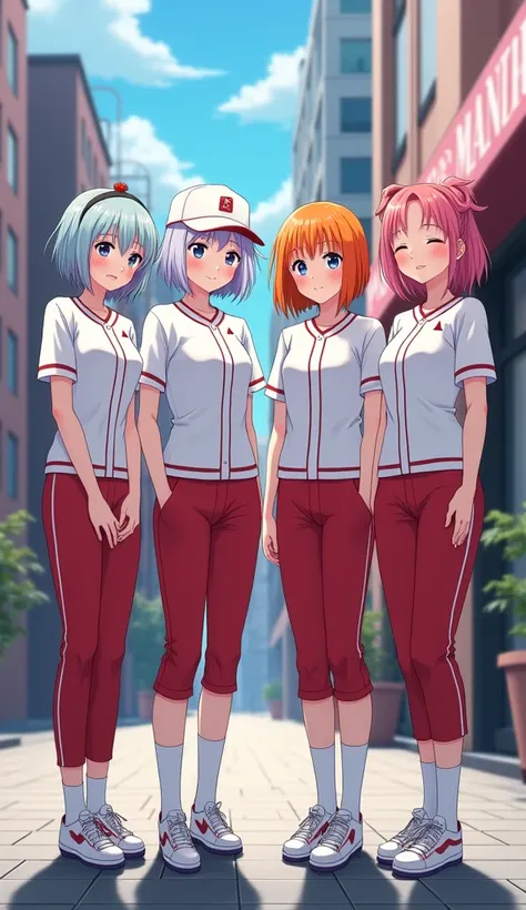 masterpiece,  top quality,  high definition ,  very detailed,(((Four cute girls))), ((( Japanese anime ))), ((( pretty girl with iridescent hair ))), (((pretty girl with white hair ))), ((( pretty girl with orange hair wearing a red light))), ((( pretty gi...