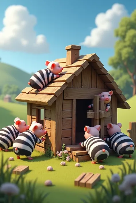 Black striped piglets build a house with wood