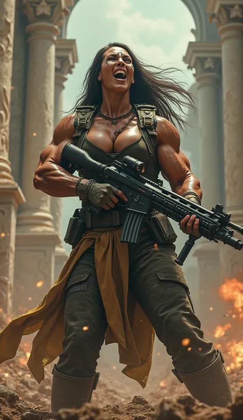 Baroque rococo renaissance surrealism photo. Superhumanly strong muscular (strong:3.0) (muscle:3.0) female warrior bodybuilder soldier, face paint, screaming warcry, wear hitech tactical vest, equipped with heavy gatling gun, fighting pose, shooting enemie...