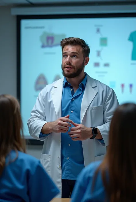   I am teaching a class I am a dentist for 19 year old students I am a teacher We are teaching Implantology and Prosthetics at university explaining with a projector I am a man who measures 1,84 brown hair blue eyes athletic and robust build I use an Apple...